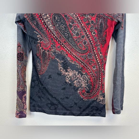 Pashma L Cashmere Silk paisley Paisley Long Sleeve lightweight sweater Red Gray - Picture 4 of 12